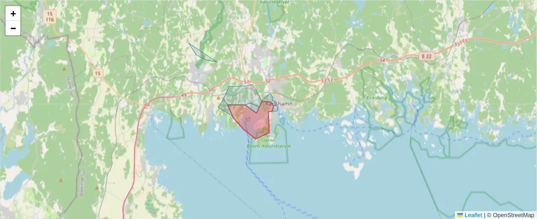 Karta över postnummerområdet  och angränsande postnummer i Sverige