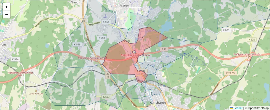Karta över postnummerområdet  och angränsande postnummer i Sverige