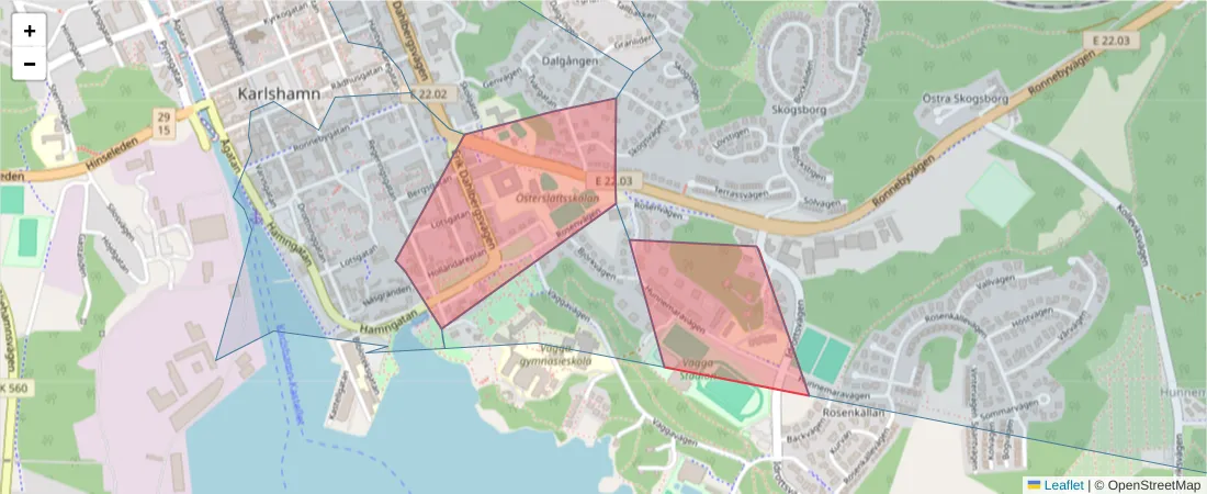 Karta över postnummerområdet  och angränsande postnummer i Sverige