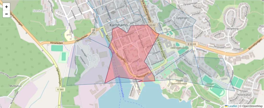Karta över postnummerområdet  och angränsande postnummer i Sverige