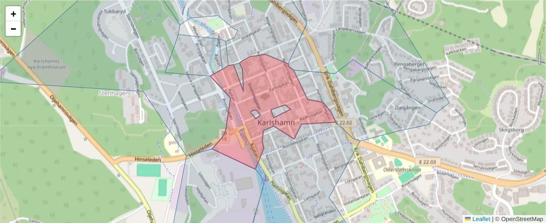 Karta över postnummerområdet  och angränsande postnummer i Sverige