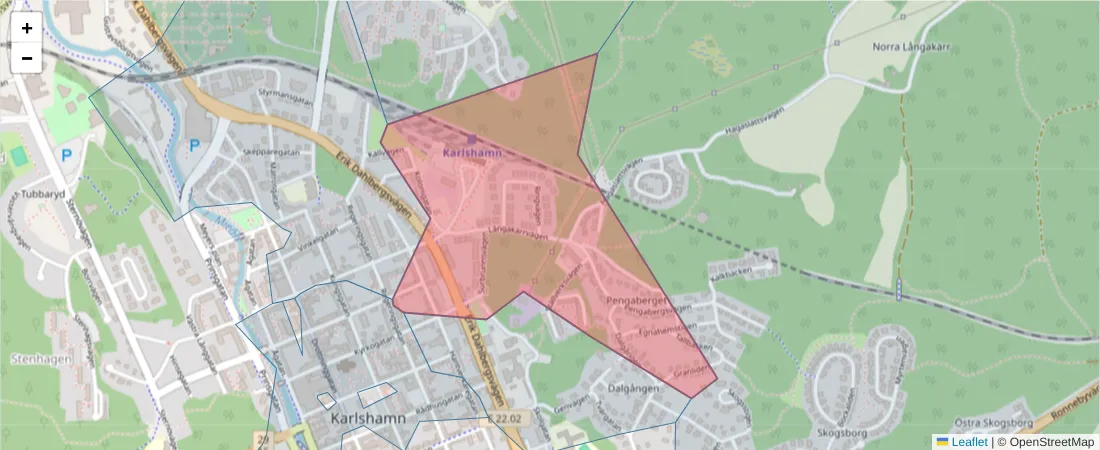 Karta över postnummerområdet  och angränsande postnummer i Sverige