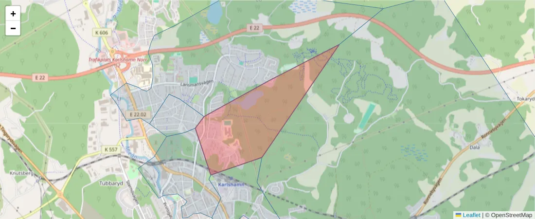 Karta över postnummerområdet  och angränsande postnummer i Sverige