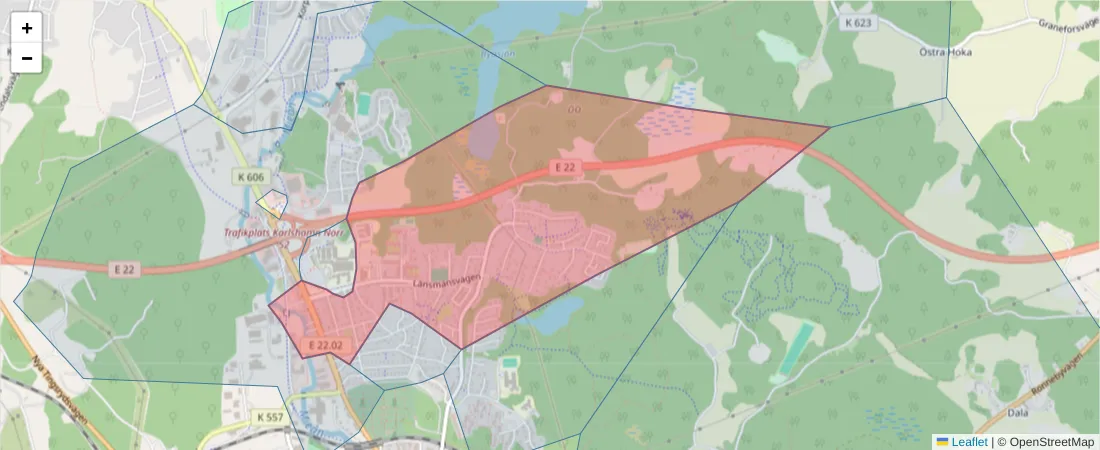 Karta över postnummerområdet  och angränsande postnummer i Sverige