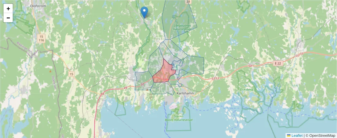 Karta över postnummerområdet  och angränsande postnummer i Sverige