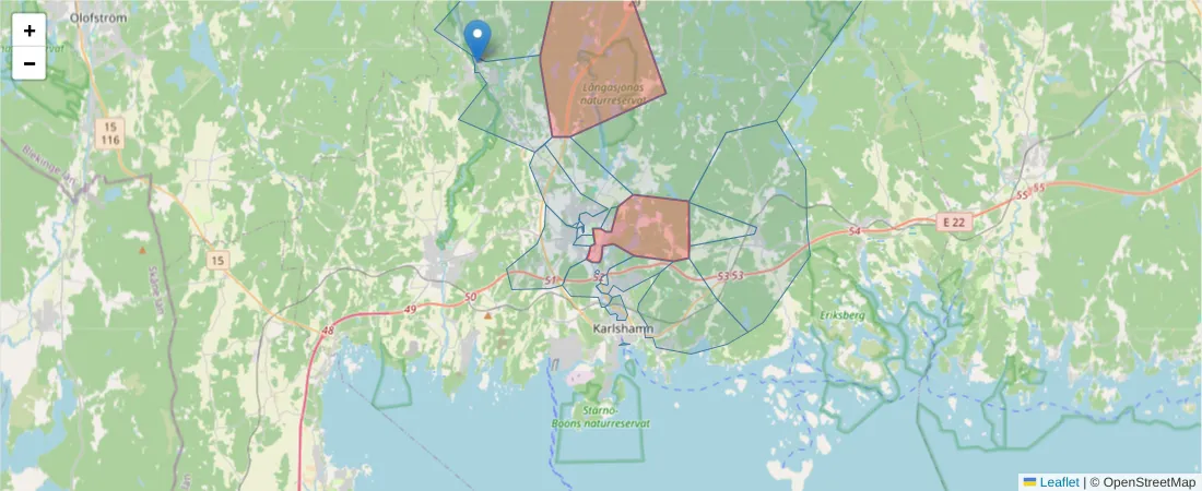 Karta över postnummerområdet  och angränsande postnummer i Sverige