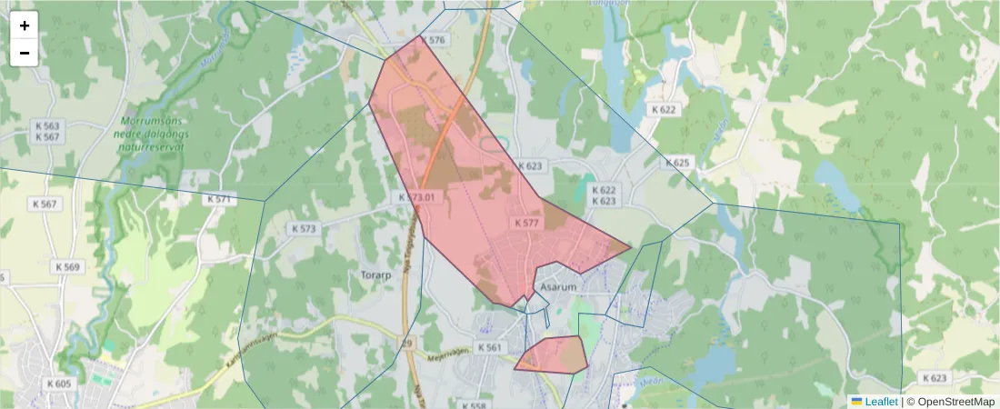 Karta över postnummerområdet  och angränsande postnummer i Sverige