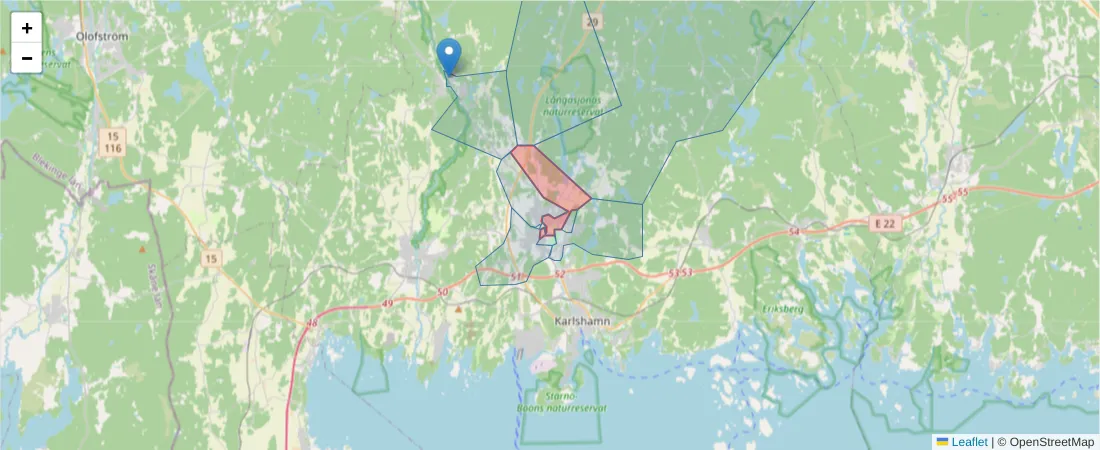 Karta över postnummerområdet  och angränsande postnummer i Sverige