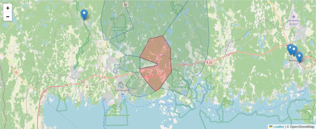 Karta över postnummerområdet  och angränsande postnummer i Sverige