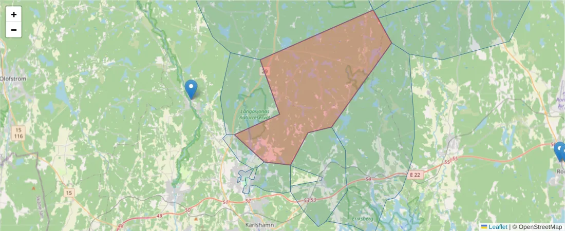 Karta över postnummerområdet  och angränsande postnummer i Sverige