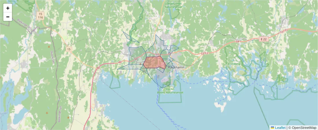 Karta över postnummerområdet  och angränsande postnummer i Sverige