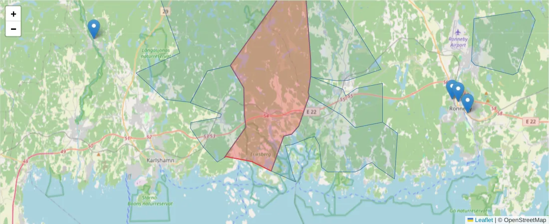 Karta över postnummerområdet  och angränsande postnummer i Sverige
