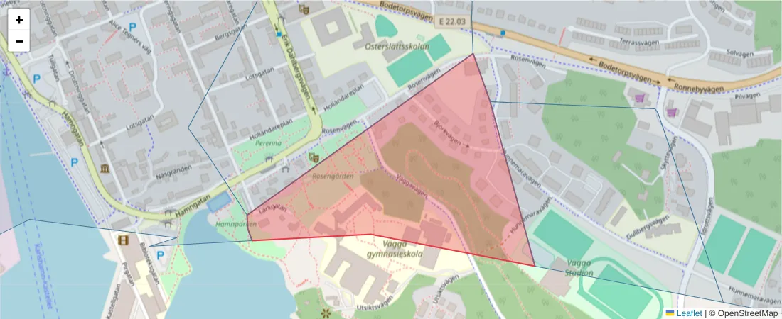 Karta över postnummerområdet  och angränsande postnummer i Sverige