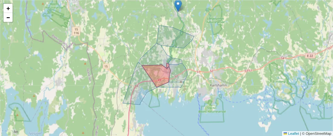 Karta över postnummerområdet  och angränsande postnummer i Sverige