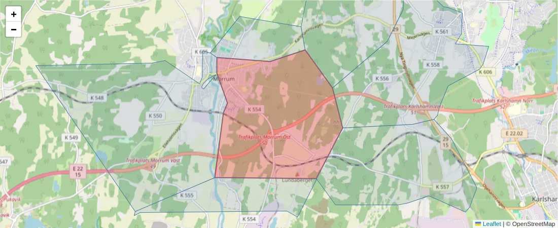Karta över postnummerområdet  och angränsande postnummer i Sverige