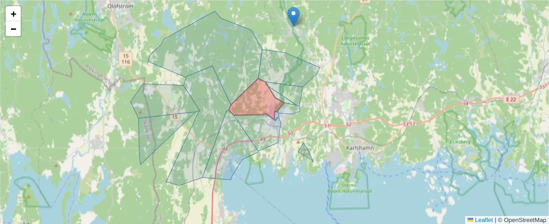 Karta över postnummerområdet  och angränsande postnummer i Sverige