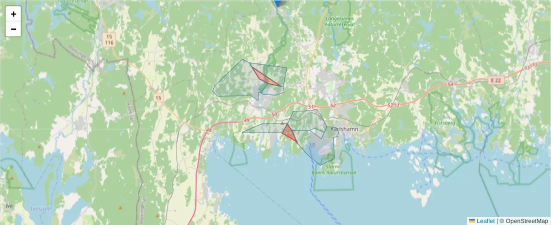 Karta över postnummerområdet  och angränsande postnummer i Sverige