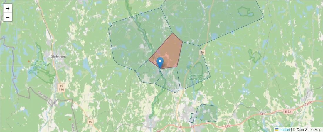 Karta över postnummerområdet  och angränsande postnummer i Sverige