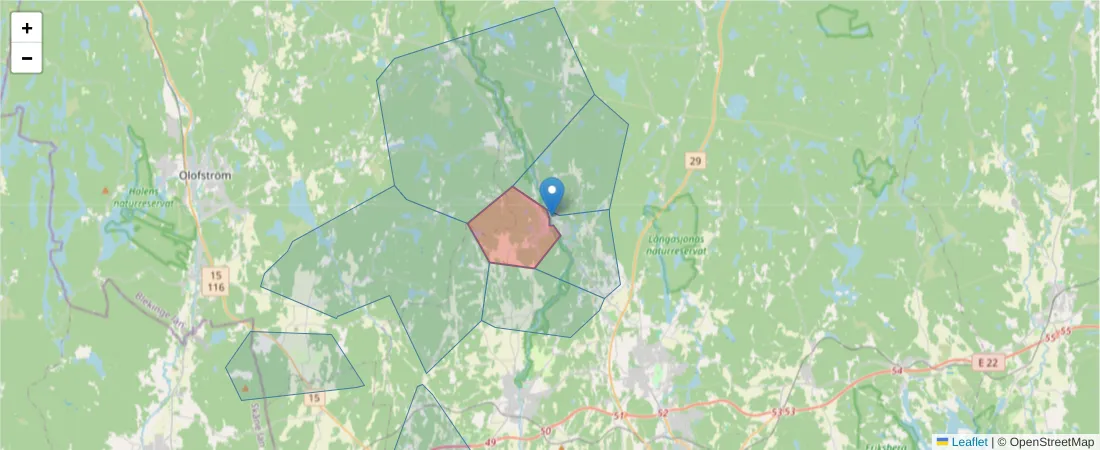 Karta över postnummerområdet  och angränsande postnummer i Sverige