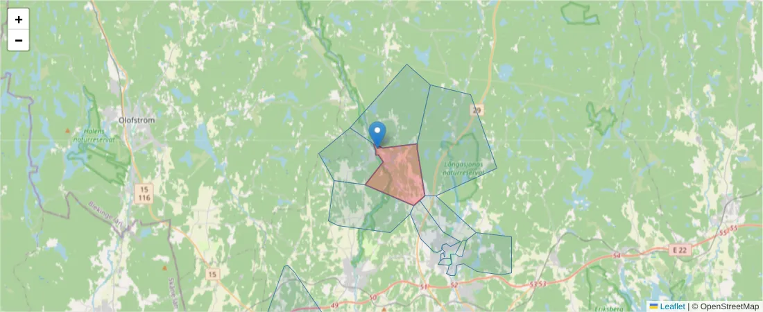 Karta över postnummerområdet  och angränsande postnummer i Sverige