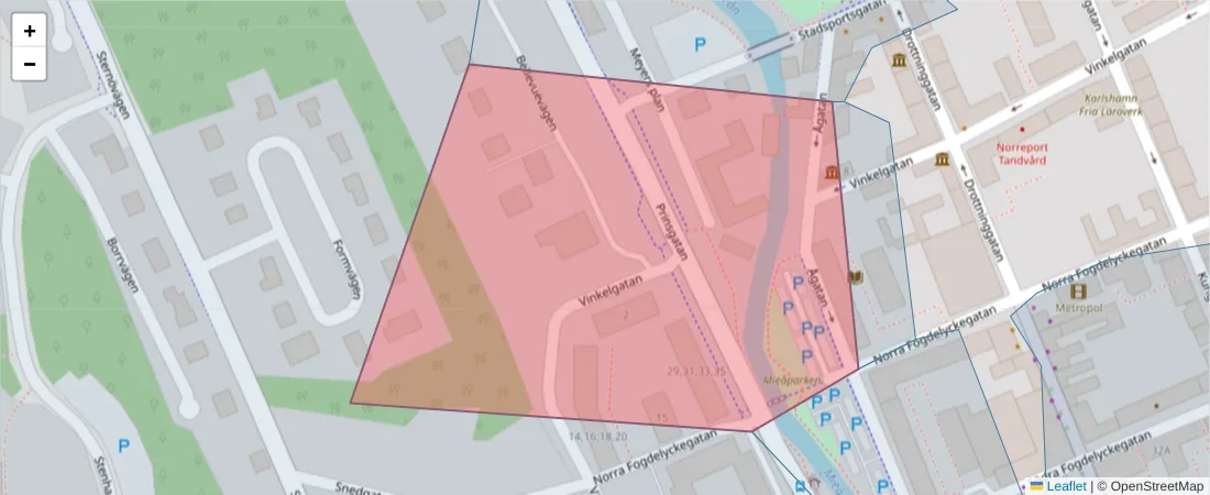 Karta över postnummerområdet  och angränsande postnummer i Sverige