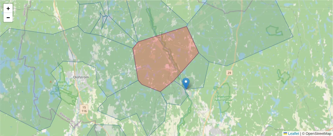 Karta över postnummerområdet  och angränsande postnummer i Sverige