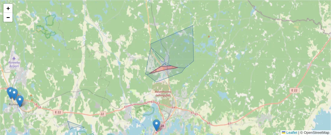 Karta över postnummerområdet  och angränsande postnummer i Sverige
