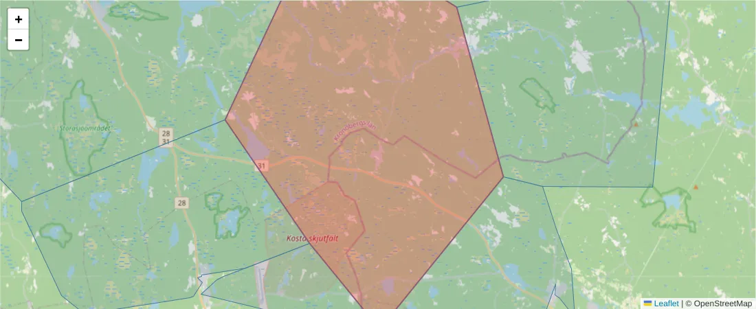 Karta över postnummerområdet  och angränsande postnummer i Sverige