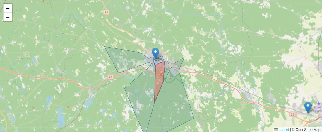 Karta över postnummerområdet  och angränsande postnummer i Sverige
