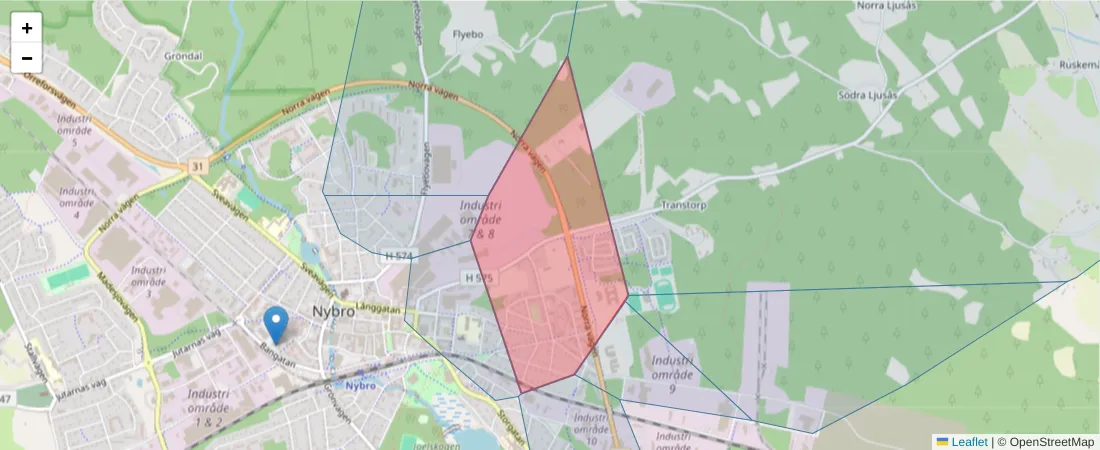 Karta över postnummerområdet  och angränsande postnummer i Sverige