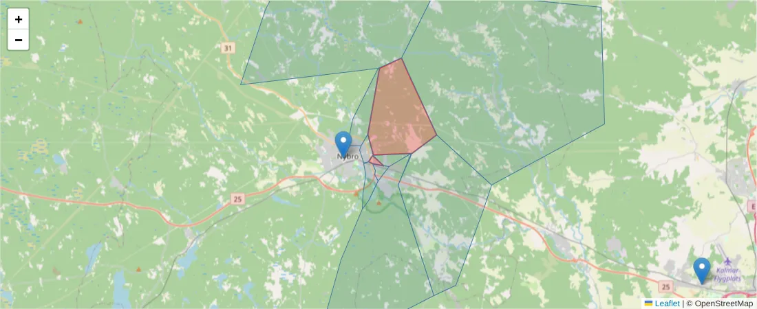 Karta över postnummerområdet  och angränsande postnummer i Sverige