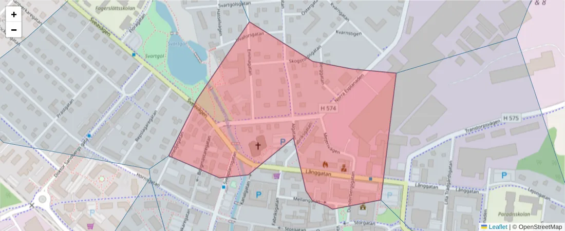 Karta över postnummerområdet  och angränsande postnummer i Sverige