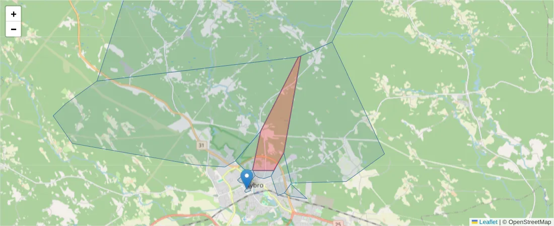 Karta över postnummerområdet  och angränsande postnummer i Sverige