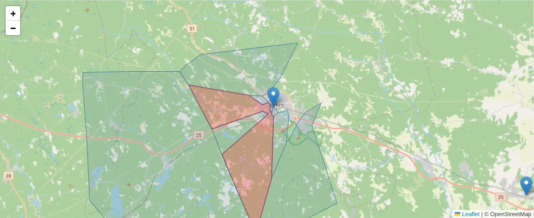 Karta över postnummerområdet  och angränsande postnummer i Sverige