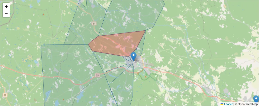 Karta över postnummerområdet  och angränsande postnummer i Sverige
