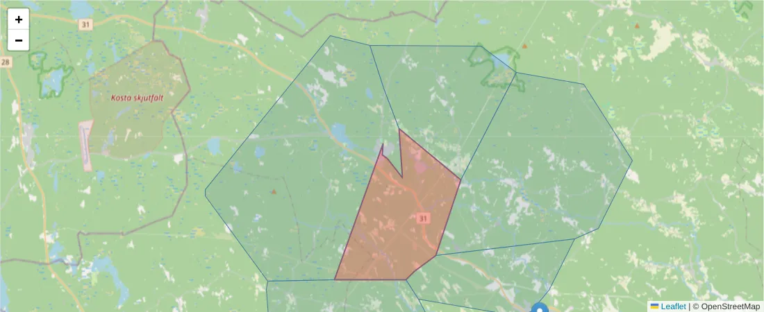 Karta över postnummerområdet  och angränsande postnummer i Sverige