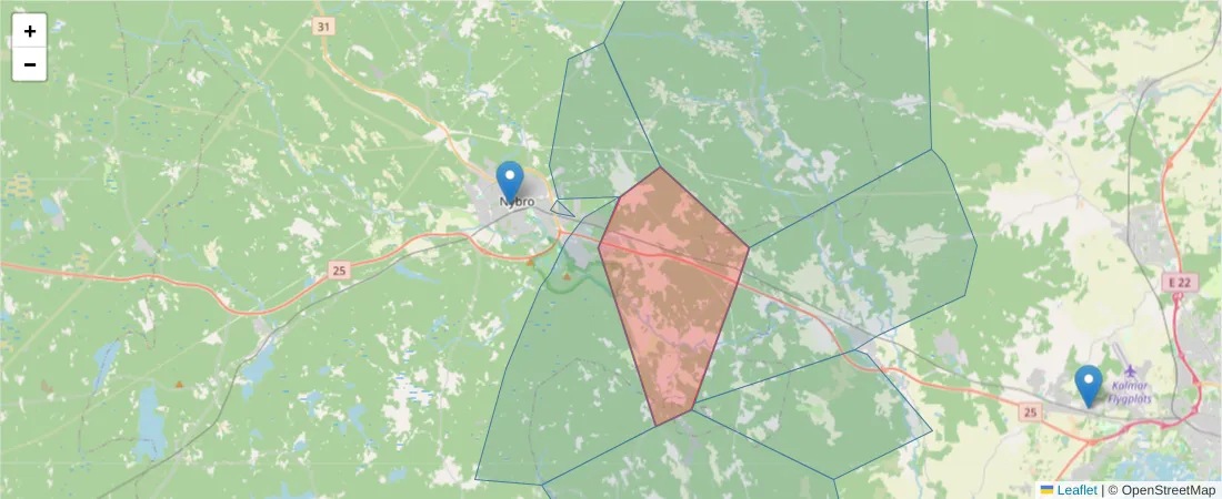 Karta över postnummerområdet  och angränsande postnummer i Sverige