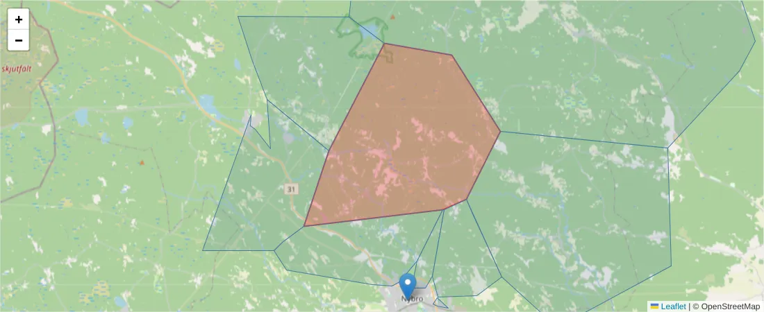 Karta över postnummerområdet  och angränsande postnummer i Sverige