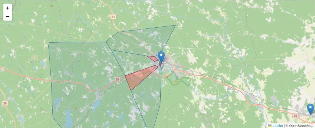 Karta över postnummerområdet  och angränsande postnummer i Sverige