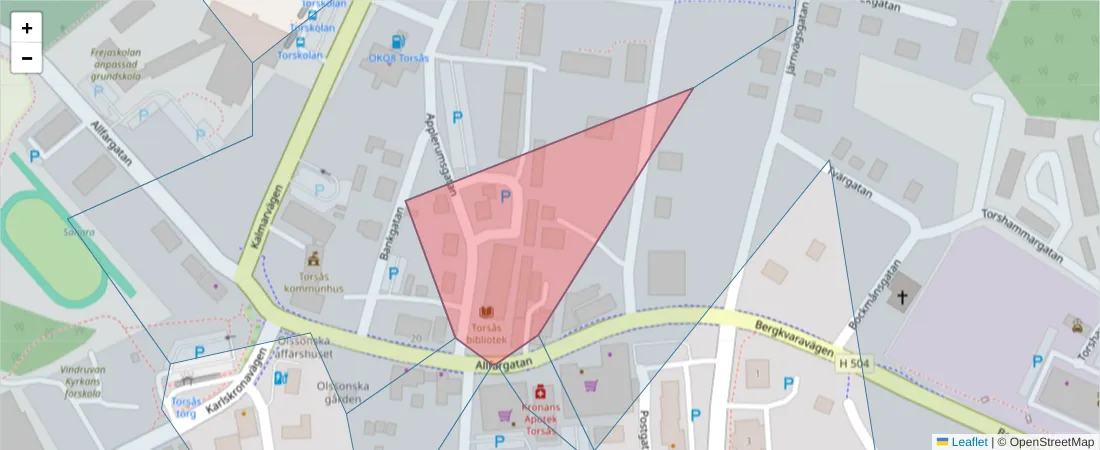 Karta över postnummerområdet  och angränsande postnummer i Sverige