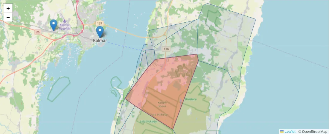 Karta över postnummerområdet  och angränsande postnummer i Sverige