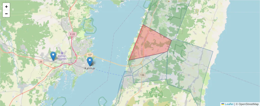 Karta över postnummerområdet  och angränsande postnummer i Sverige