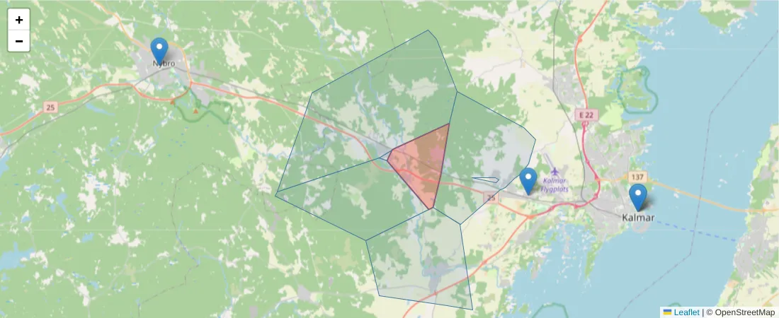 Karta över postnummerområdet  och angränsande postnummer i Sverige