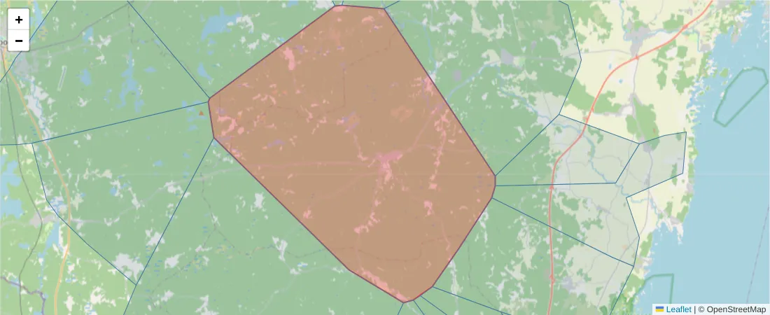 Karta över postnummerområdet  och angränsande postnummer i Sverige