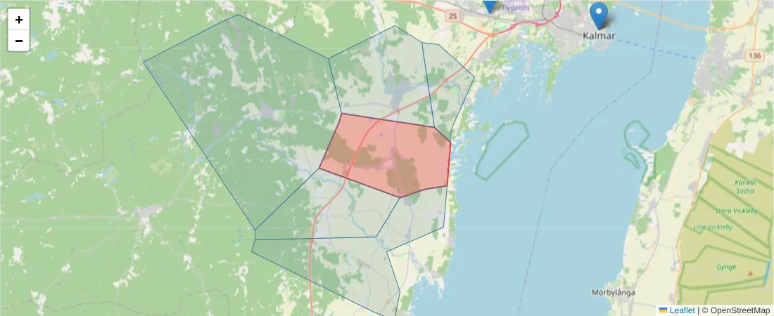Karta över postnummerområdet  och angränsande postnummer i Sverige
