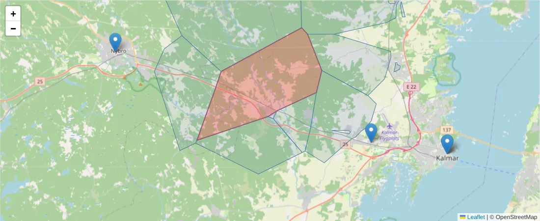 Karta över postnummerområdet  och angränsande postnummer i Sverige