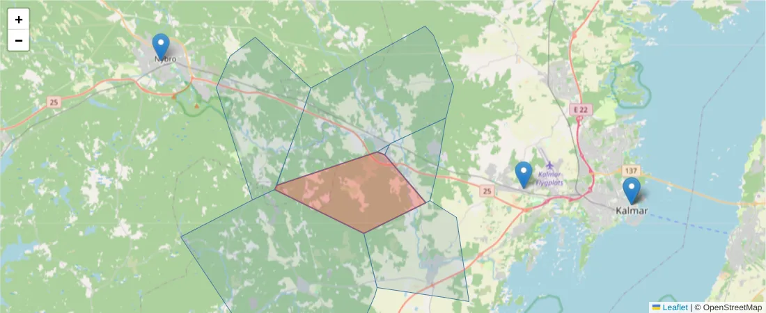 Karta över postnummerområdet  och angränsande postnummer i Sverige
