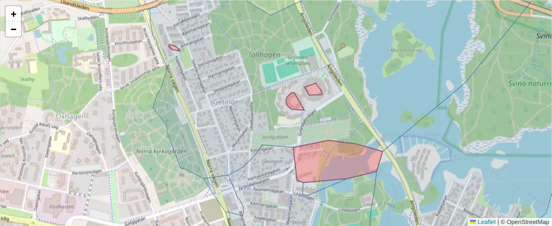 Karta över postnummerområdet  och angränsande postnummer i Sverige
