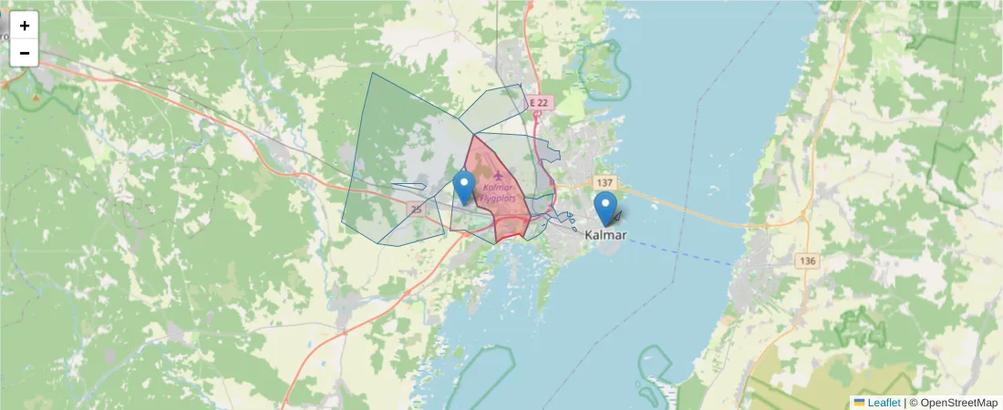 Karta över postnummerområdet  och angränsande postnummer i Sverige