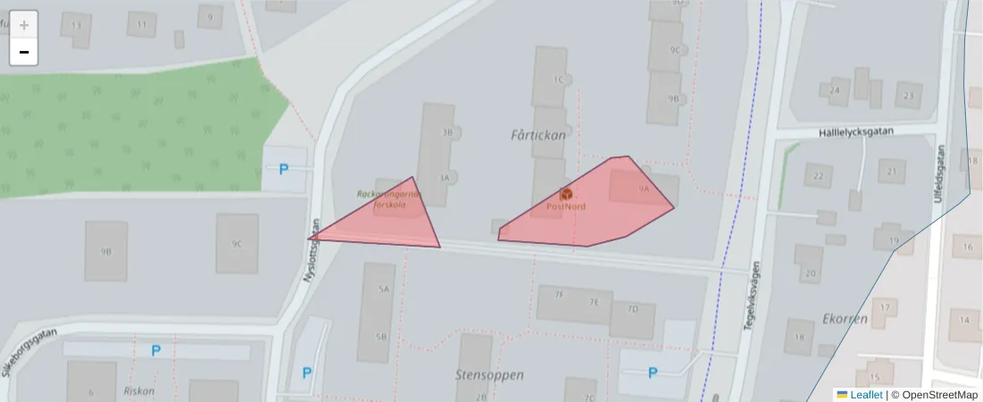 Karta över postnummerområdet  och angränsande postnummer i Sverige